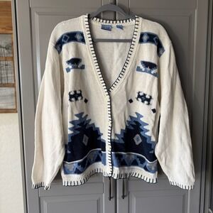Beyond Blue Vintage Aztec Geo Knit Button Cardigan Sweater, Cream Blue,M
